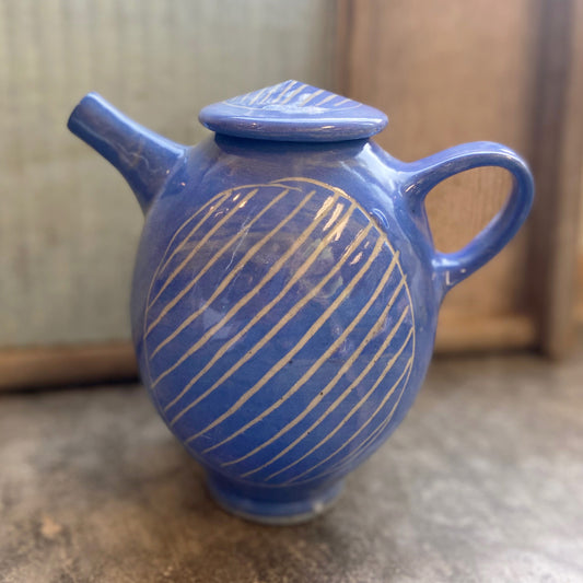 Blue Teapot with Carved Stripes