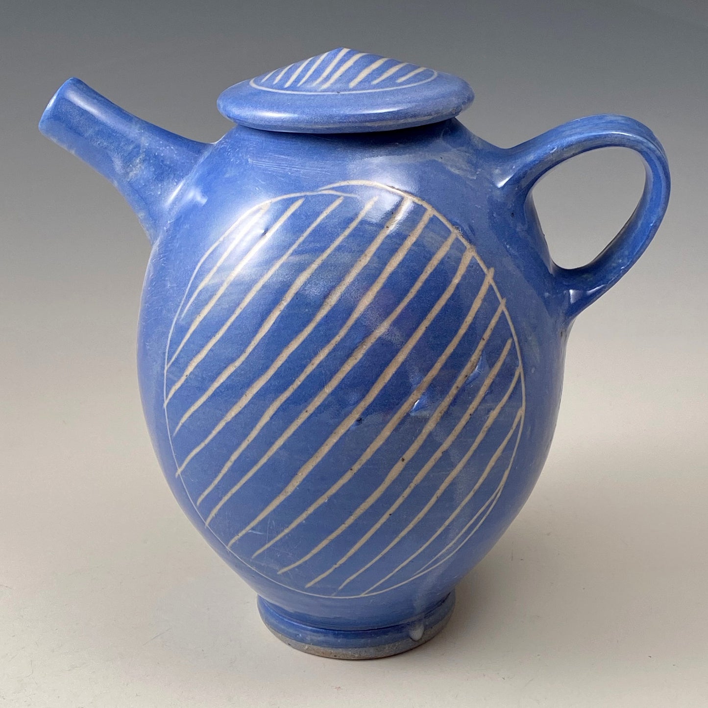 Blue Teapot with Carved Stripes