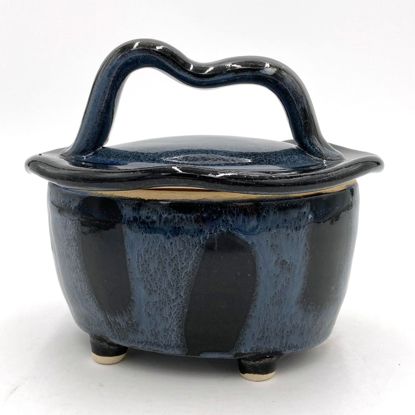 Short Blue and Black Oval Covered Jar