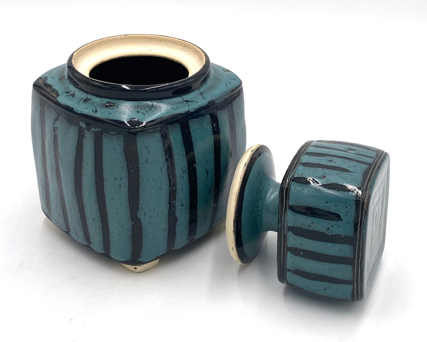 Turquoise and Black Square Covered Jar