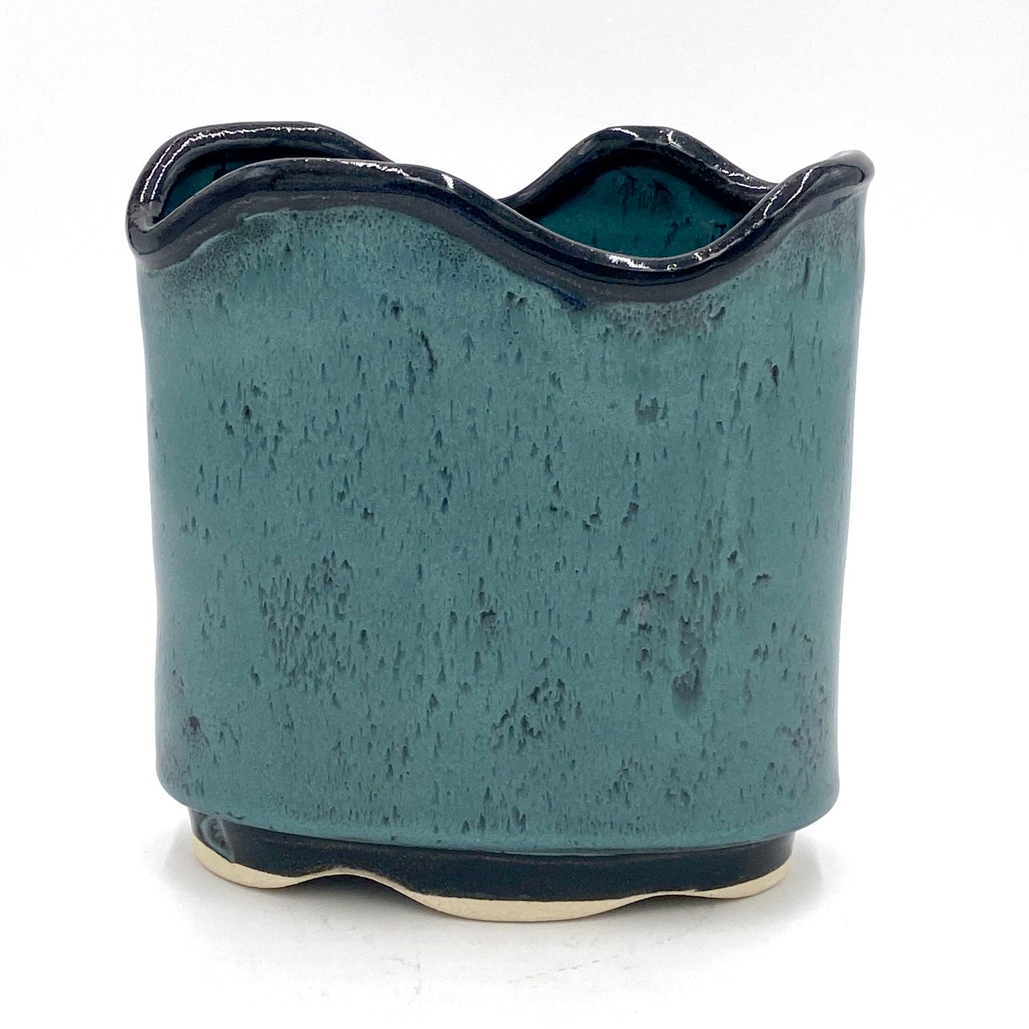 Oval Turquoise Vase with Wavy Top