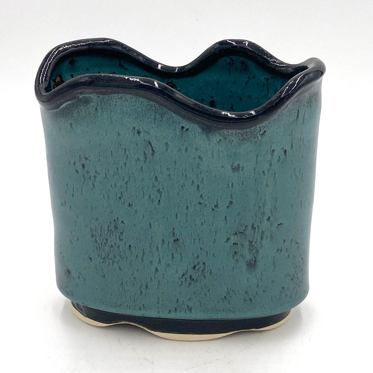 Oval Turquoise Vase with Wavy Top